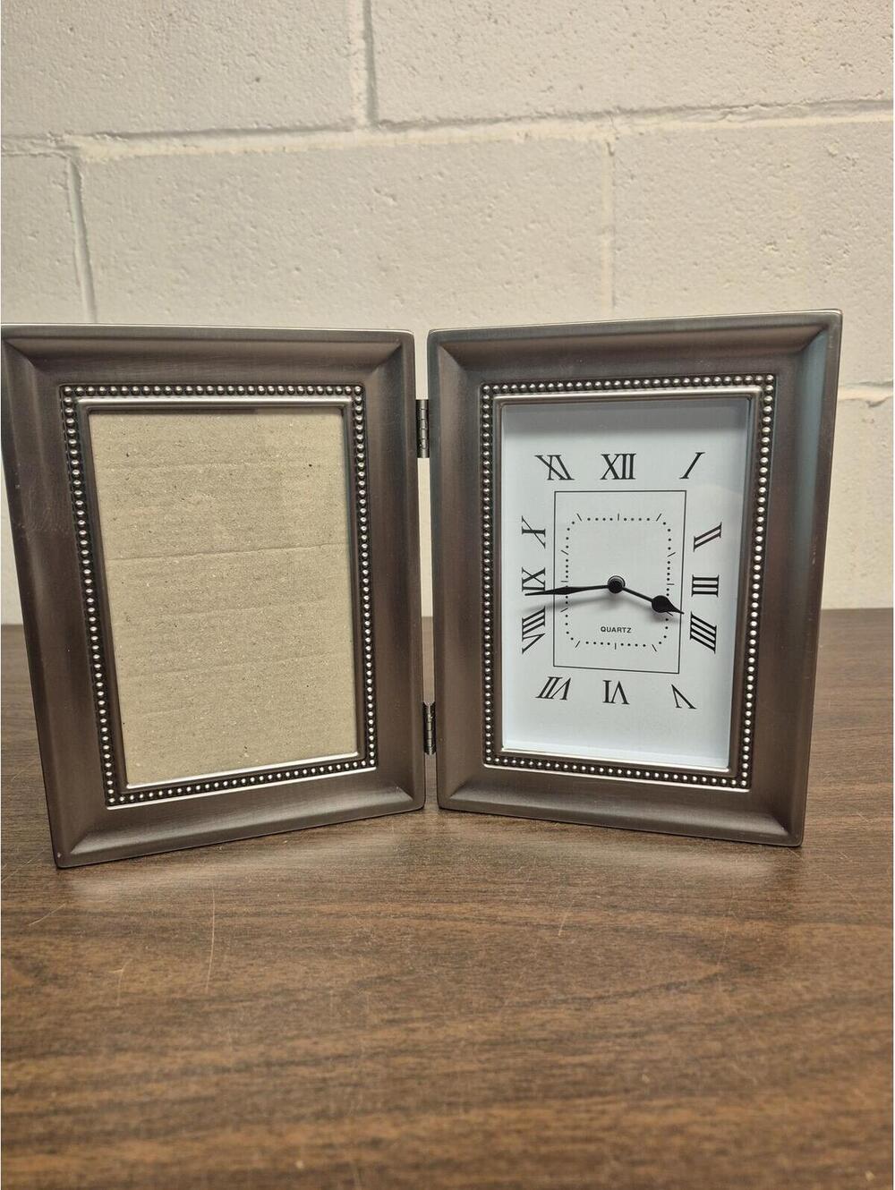 Hinged Tabletop Photo Frame and Quartz Clock Combination